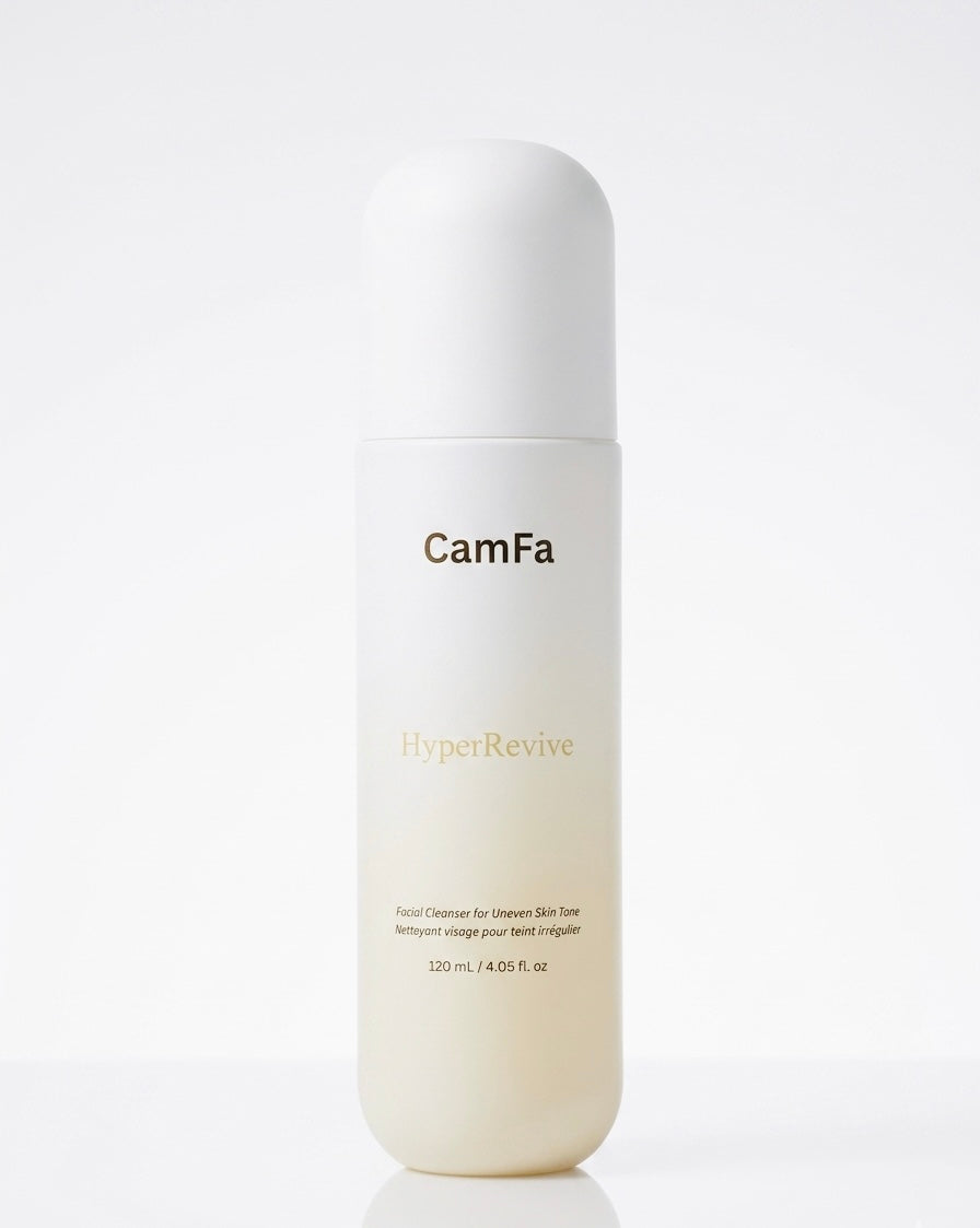 Cosmetic bottle labeled 'CamFa HyperRevive' on a white background